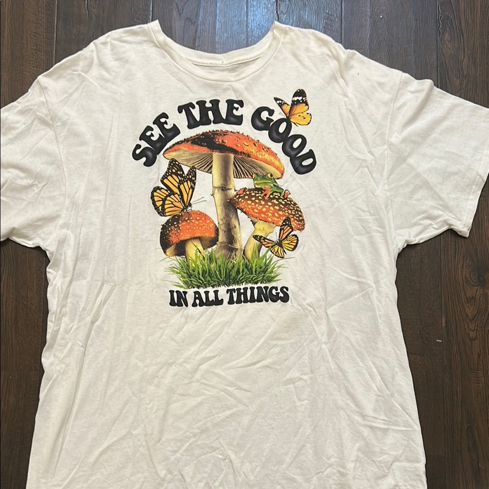 Graphic Tee with Mushroom and Butterfly Design